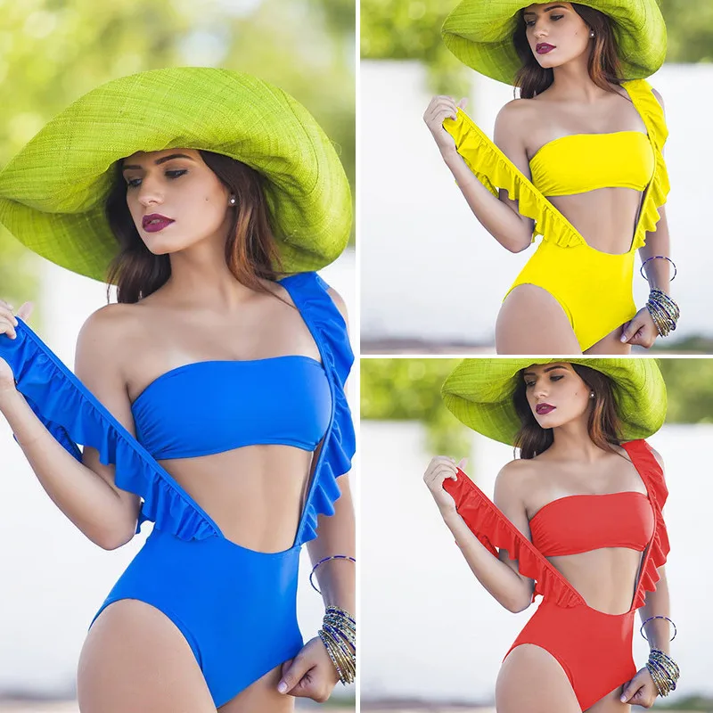 

High Cut Thong Body suits Women 2019 Ruffle Monokini sets Sexy High waist Swimwear Halter Bathing suit