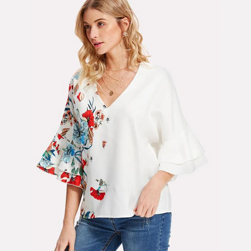 

2019 New Layered Trumpet Sleeve Botanical Top Floral Print Blouse High Quality