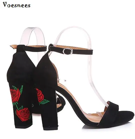 

Sexy Shoes Woman New Sandals 2018 Summer Thick heel Suede Embroidered Buckle Strap Flowers Open toe Ladies Shoes Size 34-43