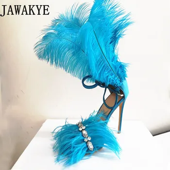 

2019 sexy Crystal Tassels Feather Decoration Women Sandals Open Toe Super Thin High Heels Stilettos T show runway summer Shoes