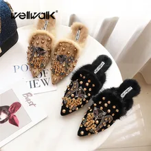 

Wellwalk Fox Fur Slides Shoes Women Furry Slippers Women Winter Warm Indoor Slipper Women's Home Shoes Ladies Cute Slippers