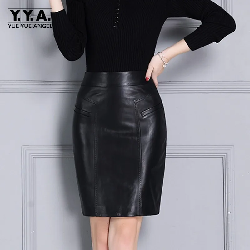 

Autumn New Arrival Women Skirts Genuine leather Streetwear Casual Office Lady Jupe Femme Sheepskin High Waist Wrap Pencil Faldas