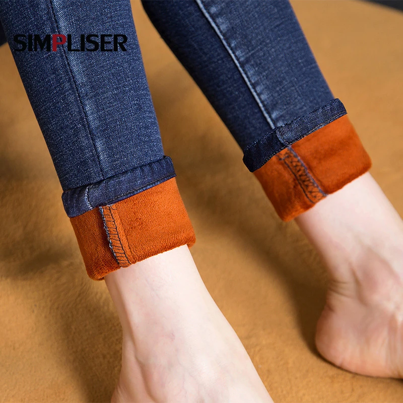 Winter Jeans For Women Warm Fleece Trousers Female Plus Size 34 Skinny Pencil Pants Stretch Jeans Leggings Denim Blue Mom Jeans