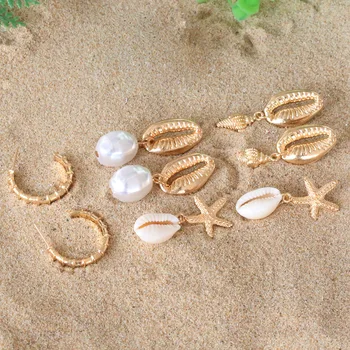 

48 Pairs/lot Simulated Pearl Earrings Set Gold Color Conch Pendant Starfish Natural Shell Charm Round Circle Stud Women Jewelry