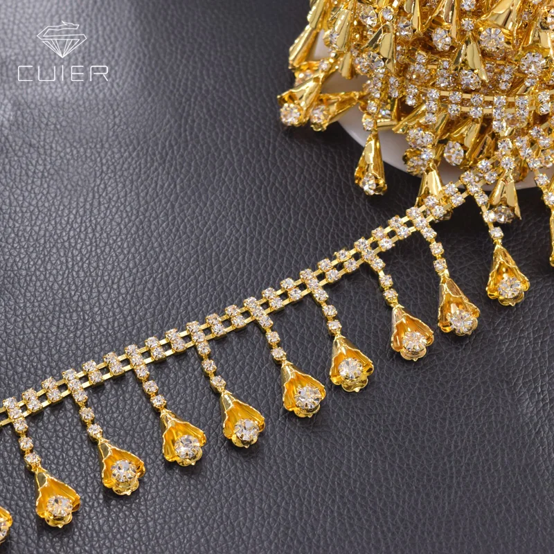 1yard exquisite gold flower Tassel fringe trims rhinestones appliques