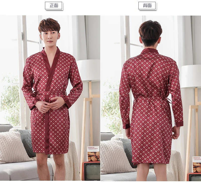 С классическим принтом Летний Тонкий шелковый халат Мужская Ночная сорочка с короткими рукавами размера плюс L-3XL халат кимоно мужская длинная шелковая атласная пижама