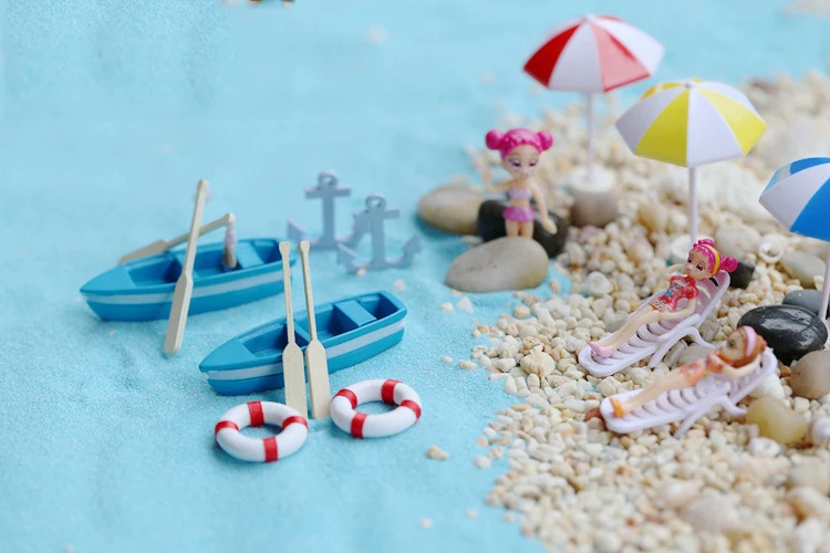 15 шт. садовая статуэтка, набор в стиле океана, мини-пейзаж, морской пляж, песок, солнце, бикини, гостиная, лодка, зонтик, якорь, спасательный буй