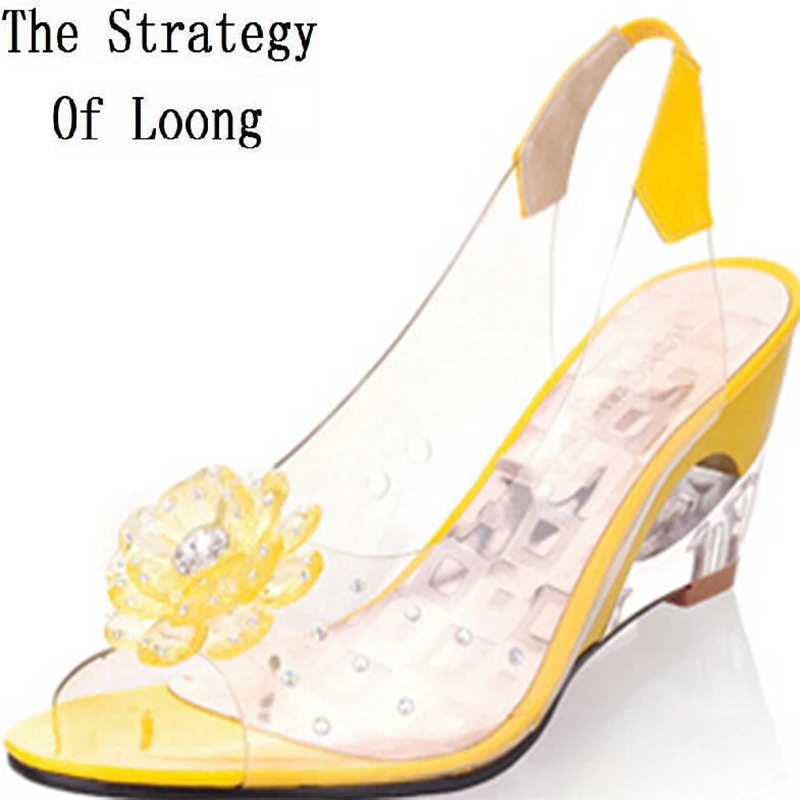 

Wedge High Heel Rhinestones Open The Toe Floral Ankle Wrap Women Crystal Sandals Woman Summer Sandals Plus Size 30-43 SXQ0605