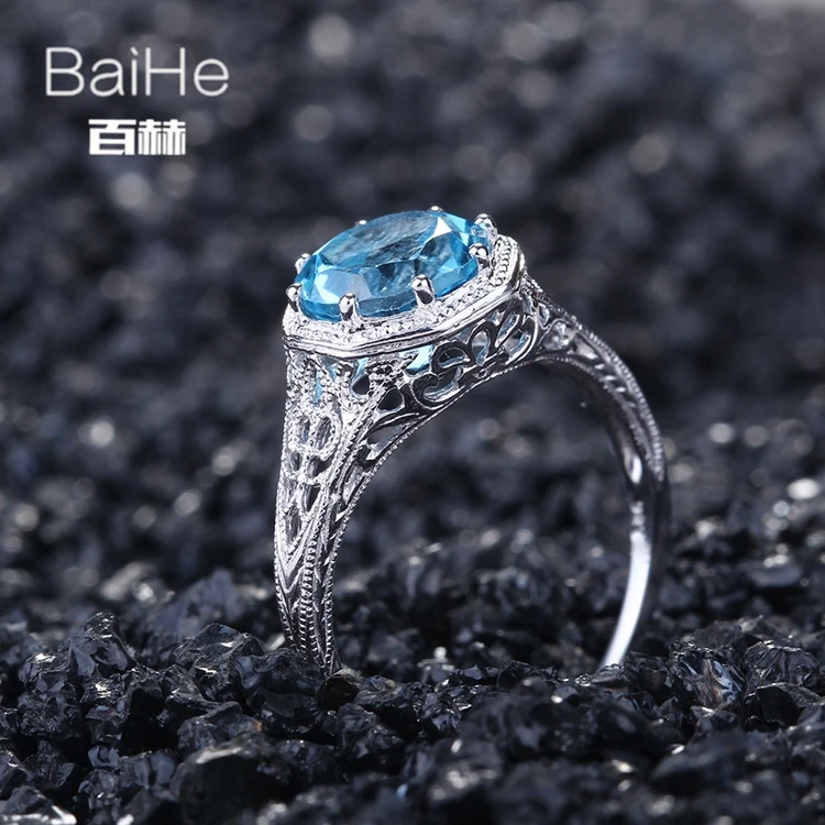 BAIHE стерлингового серебра 925 2.3ct сертифицированных безупречный натуральной голубой топаз Обручение Для женщин Винтаж Fine Jewelry уникальные кольца