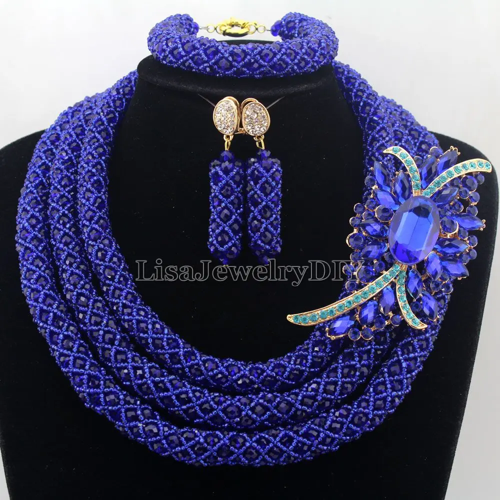 

Royal Blue Splendid 3Layers African Costume Jewelry Sets Nigerian Traditonal Wedding Crystal Necklace Set Free Shipping HD7593