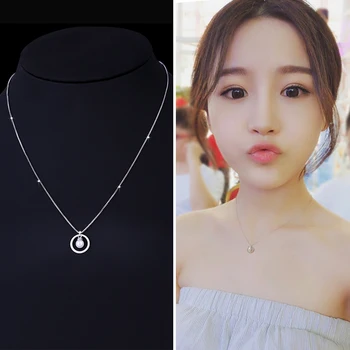 

Silver Necklace female Korean circle mother of pearl pearl pendant Korea simple short chain birthday all-match clavicle
