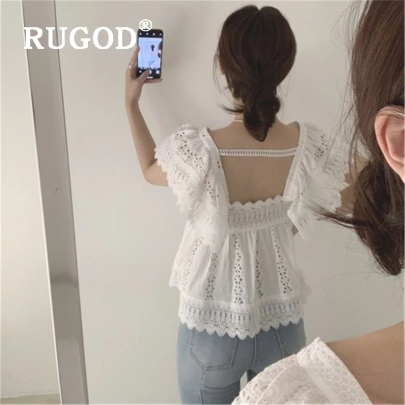 Женская винтажная блузка RUGOD белая открытая в Корейском стиле короткий рукав
