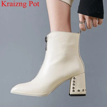 

new arrivals genuine leather square toe high heels women ankle boots rivet fashion boots elegant nightclub warm winter shoes L30