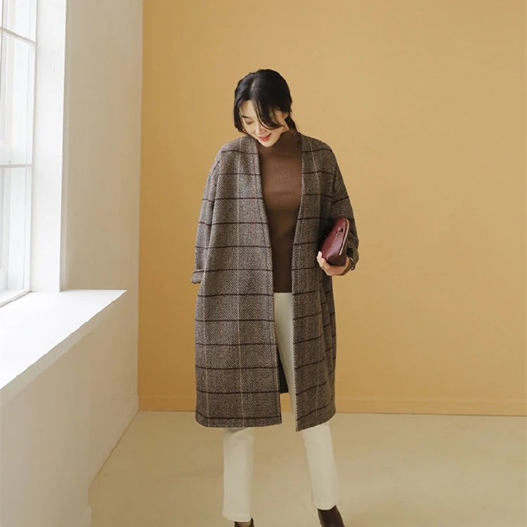 UK Women Woolen Coat Autumn Winter Cassic Simple Long Plaid Cardigan Coat Trenchcoat Wool Coat All Match Vintage Plus Size UK Women Woolen Coat Autumn Winter Cassic Simple Long Plaid Cardigan Coat Trenchcoat Wool Coat All Match Vintage Plus Size