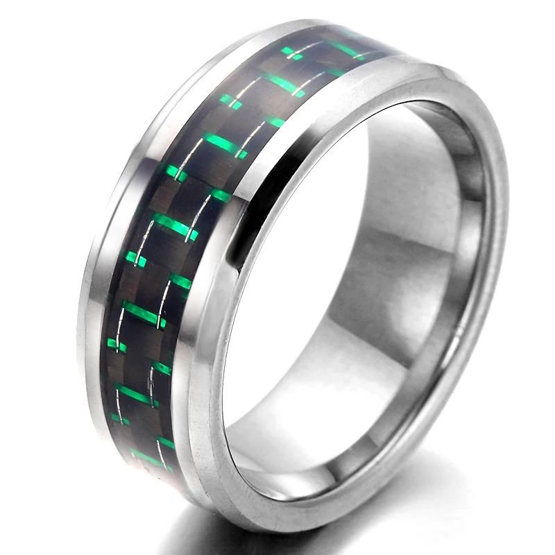 Tungsten Men's Ring, Carbon Fiber, Green, Silverin Rings from Jewelry