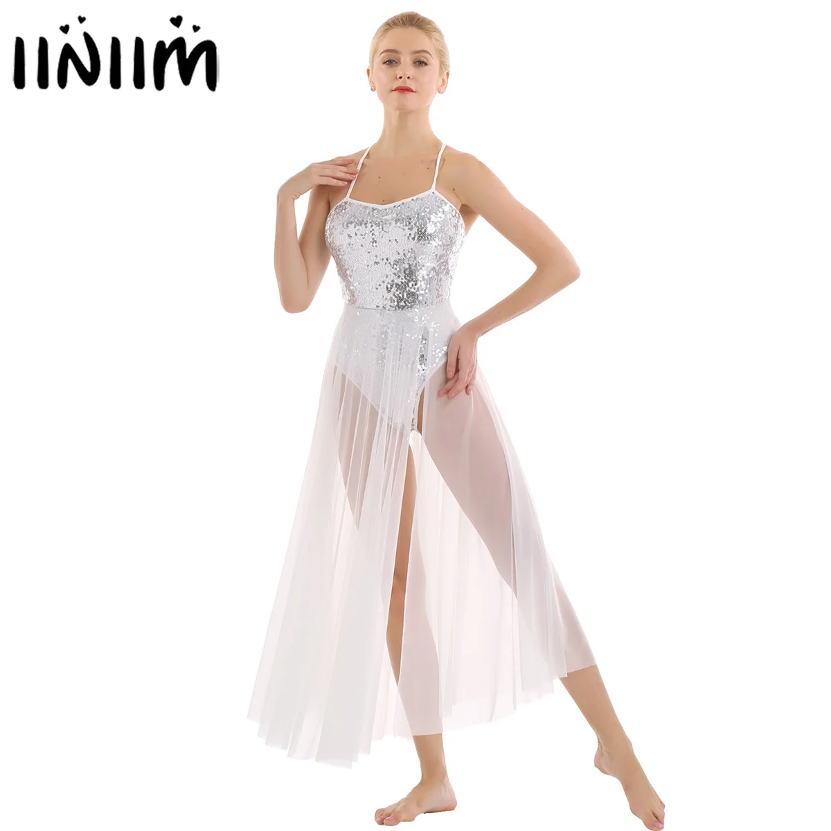 

iiniim Womens Adult Strap Ballerina Sequined Lyrical Dance Costumes Gymnastics Leotard Dancewear Dress with Split Maxi Skirt