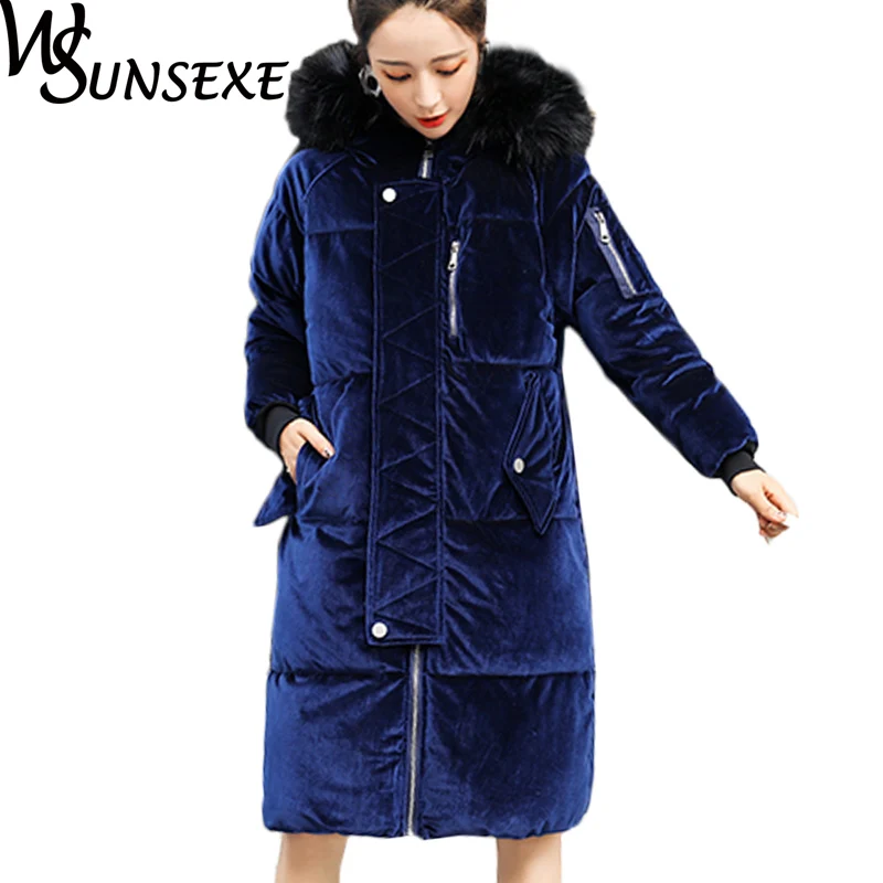 Зимняя модная бархатная парка, куртка, пальто для женщин с меховым воротником и капюшоном, хлопковая верхняя одежда, Женская Толстая теплая длинная куртка на молнии - Цвет: Синий