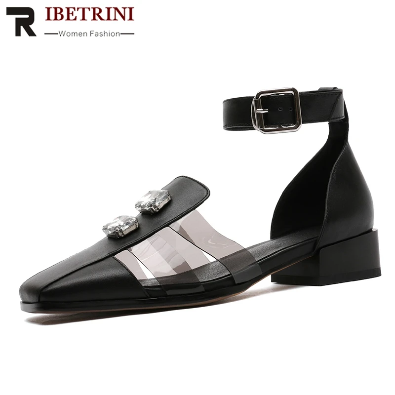 

RIBETRINI 2019 New Quality Women Black Square Toe Sandals Summer Genuine Leather Fashion Med Wide Heels Women Shoes Woman