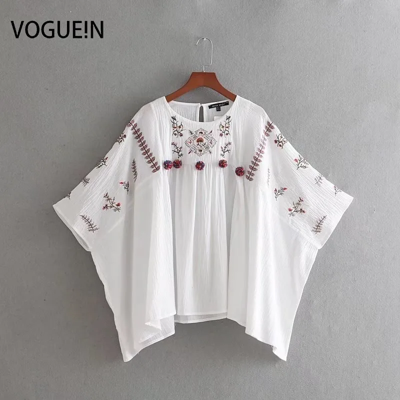

VOGUEIN New Womens O-Neck Embroidery Floral Batwing Sleeve Loose Blouse Shirt Tops Wholesale