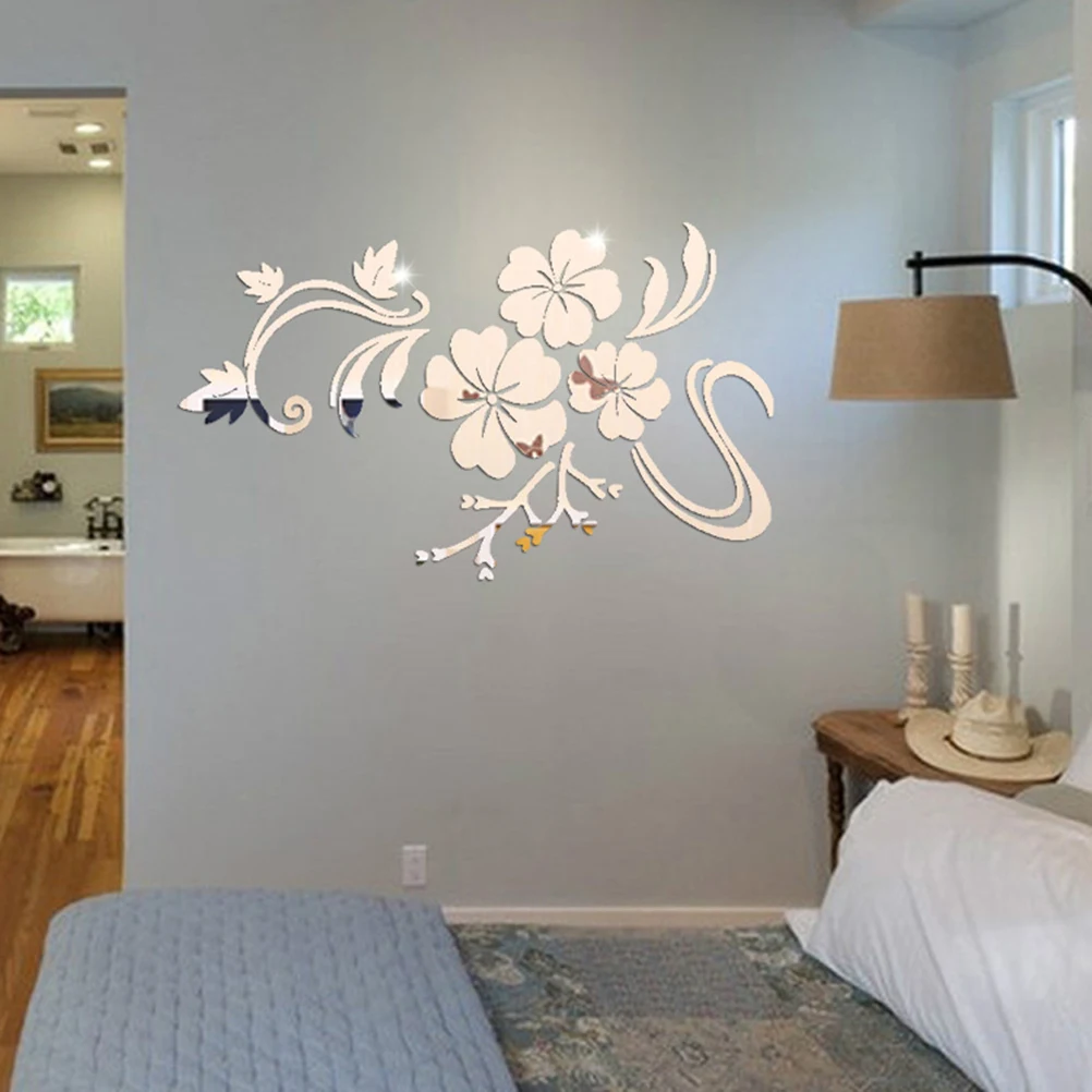 Gold Silver Acrylic 3D Mirror Flower Home Decor Vinyl Stickers For