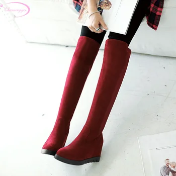 

Chainingyee casual style round head autumn and knee boots stretch black red high heel increasing women's riding boots big size