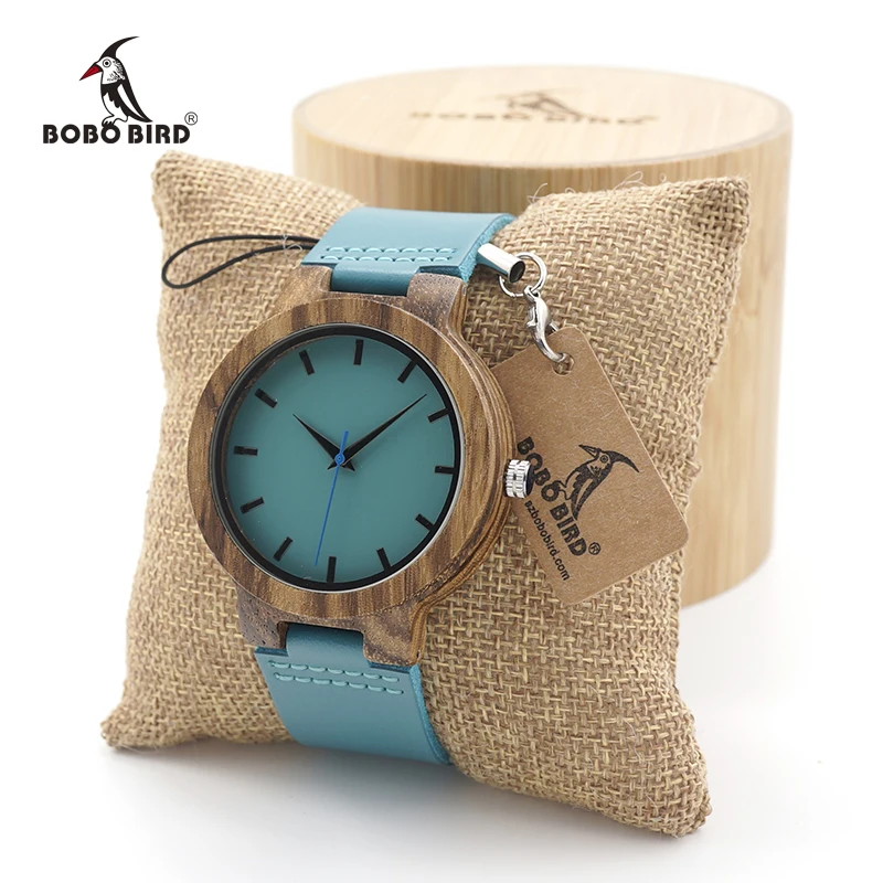 BOBO BIRD Men Zebra Wood Watches relojes hombre Quartz Wristwatches Male Leather Strap in Gifts Drop ship Turquoise blue