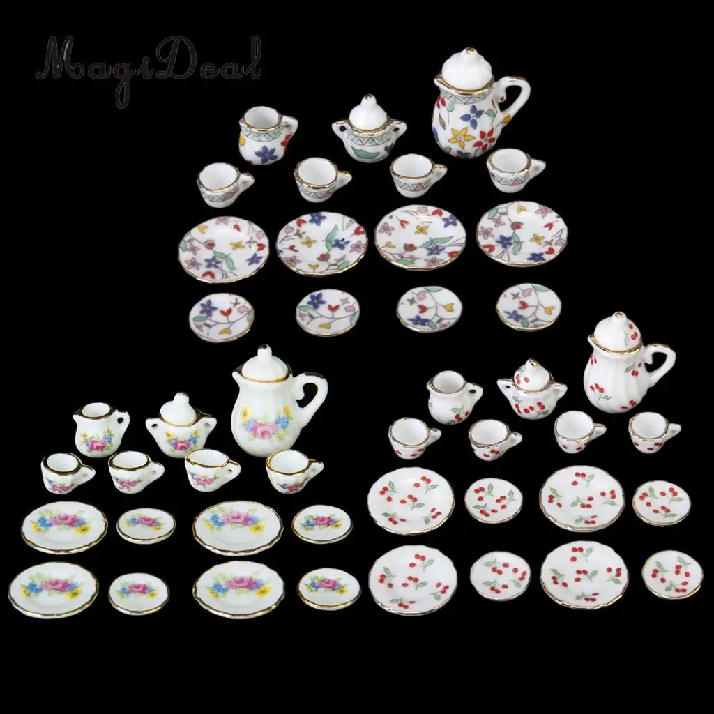 MagiDeal 15Pcs 1/12 Scale Dollhouse Miniature Dining Ware Porcelain Tea Set Plate Floral Print for Home Office Coffee Decor Gift