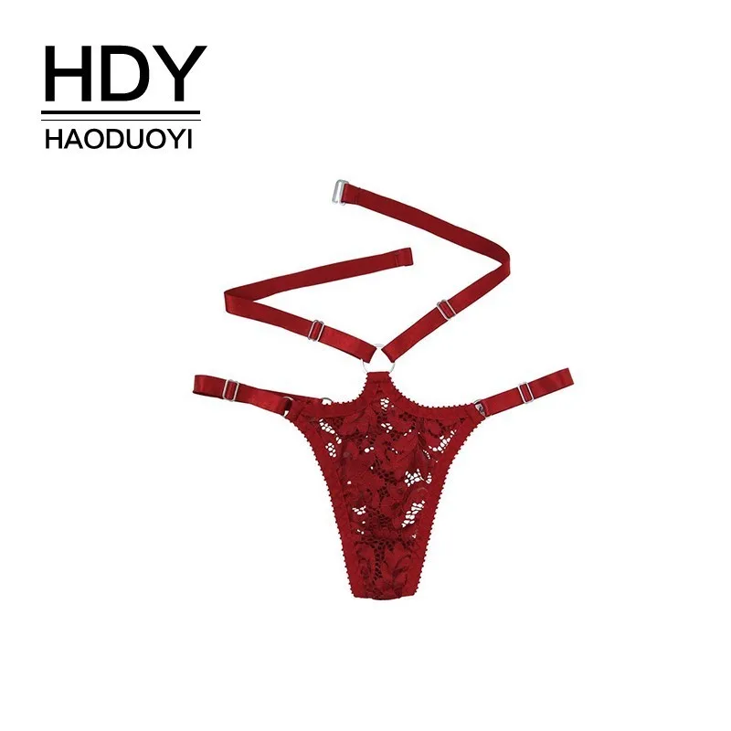 

HDY Haoduoyi 2019 New Arrival Western Style Solid Color Red Sexy Flowers Lace Multiple Straps Close-fitting Matching Thong
