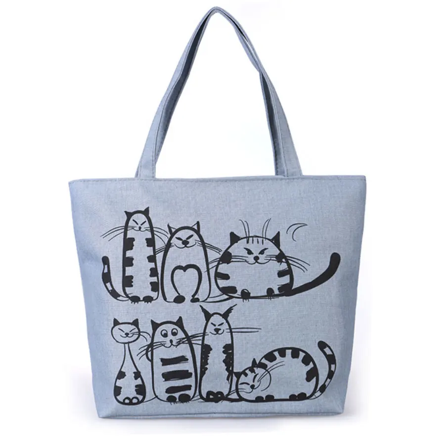 Женская Холщовая Сумка с принтом кота из мультфильма, сумка на плечо, Женская Большая вместительная пляжная сумка, Женская Холщовая Сумка-тоут, сумки для покупок - Цвет: Серый
