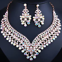 De lujo de Oro Fino Plateado Precio Al Por Mayor de Flores de Cristal Pendientes y Collar Conjuntos de Joyería de Fantasía de La Boda