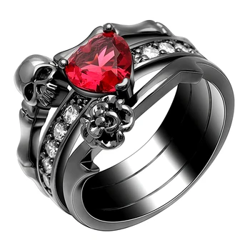 

Ufooro Red Zircon Heart Stone Evil Skull & Flower Rings Sets Silver Black Gold Silver Punk Skeleton Rings For Women Party Gift