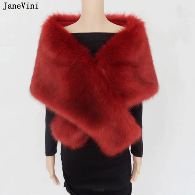 Reviews JaneVini 2019 Elegant Burgundy Wedding Wraps Faux Fur Coat Bridal Shawls Formal Party Shrug Winter Warm Bolero Women Cape Cloak