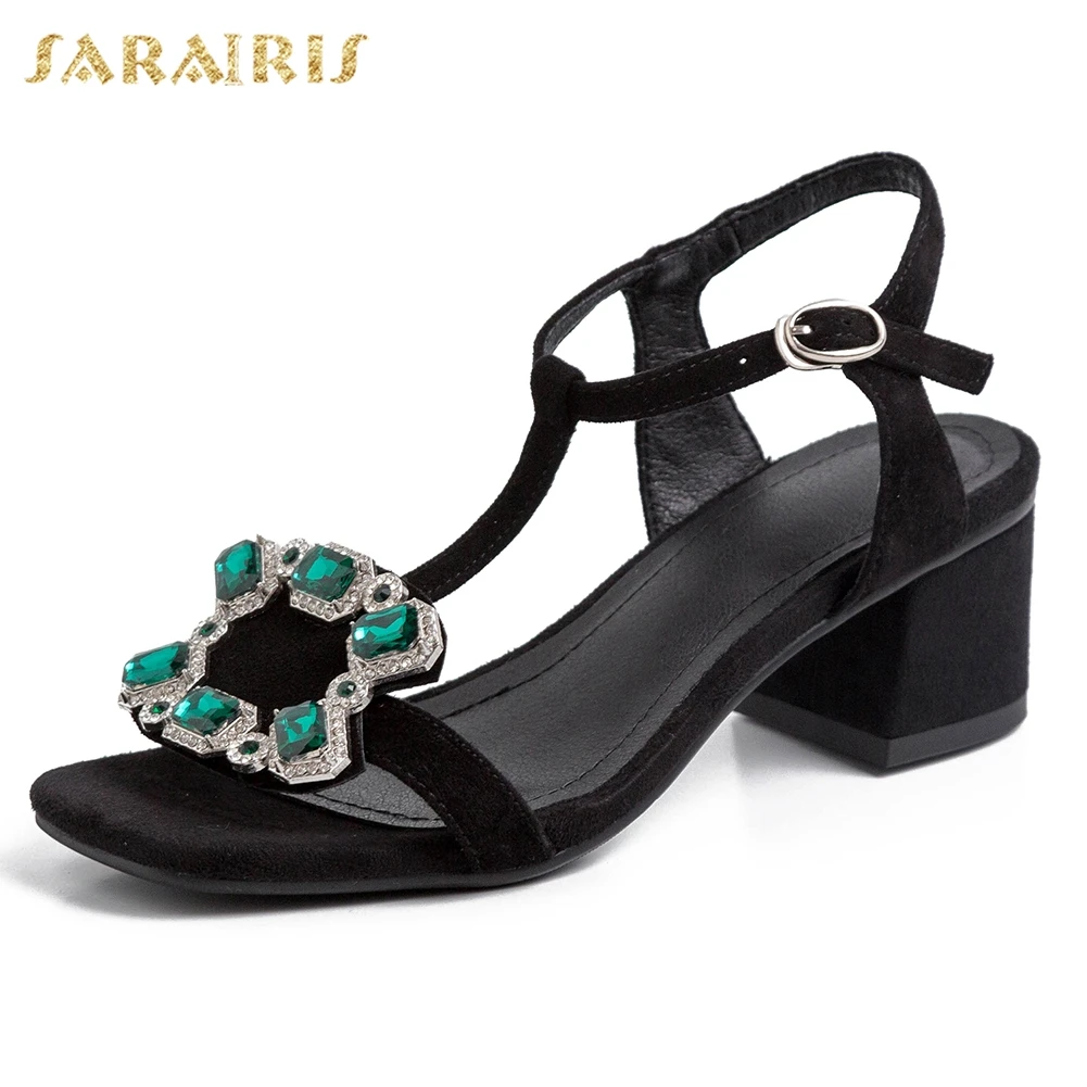 

Sarairis 2019 New Fashion Kid Suede Leather Shoes Sandals Woman Summer Square High Heels Women Shoes Woman Large Size 31-42