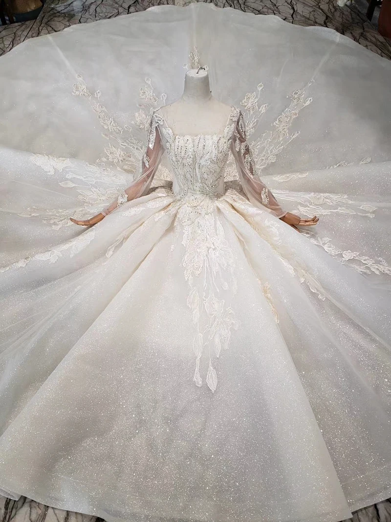 long sleeves ball gown square neck wedding dress with train HTL331 (10)