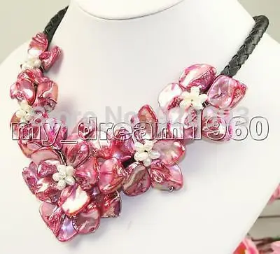 

Wholesale Free P&P***Stunning big handmade baroque shell pearl flower leather necklace