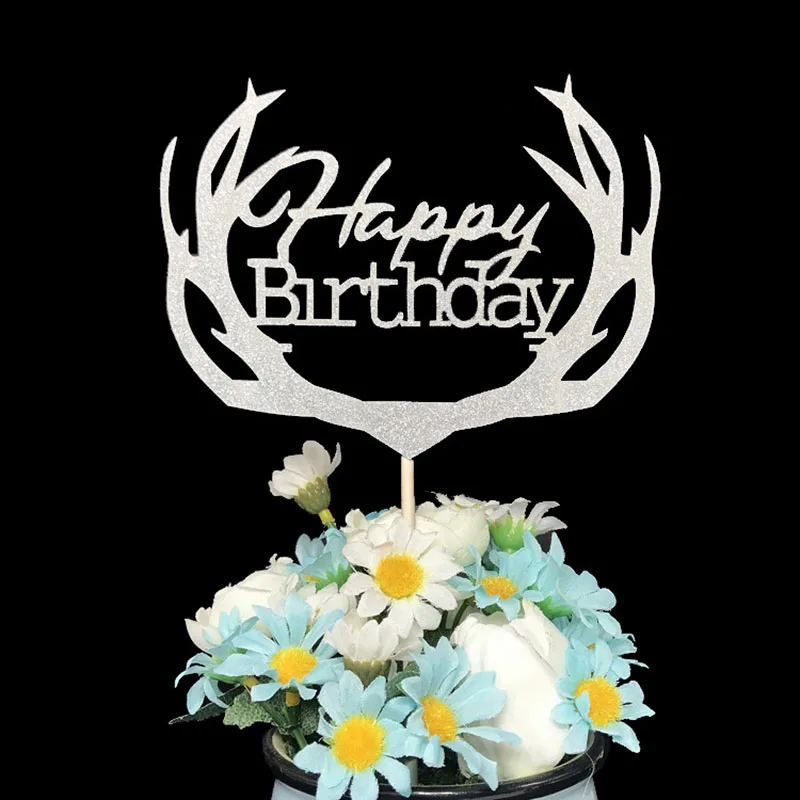 Cake Topper Glitter Happy Birthday Flags Sticker Decor Banner Card Baking DIY Accessory Elk Antler Christmas Party | Дом и сад