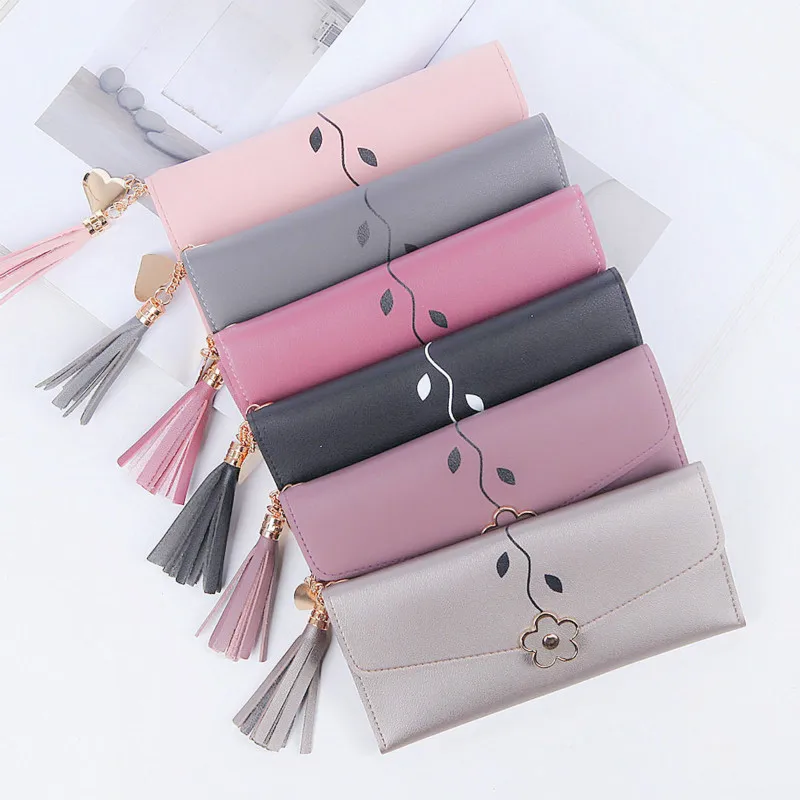 

PACGOTH Japan and Korean Style Students' Simple PU Leather Long Wallets Fresh Thin Multifunctional Flower Coin Card Holders 1PC