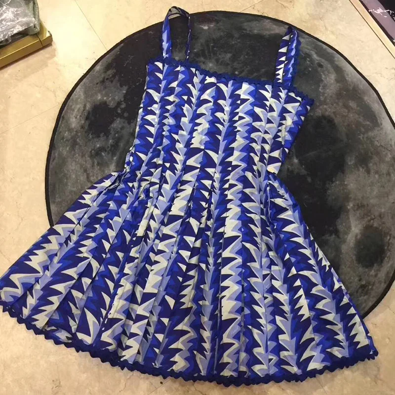 

luxury fashion designer part dress women 2019 sleeveless straps slash neck mini blue summer dresses with brooch printed vestidos