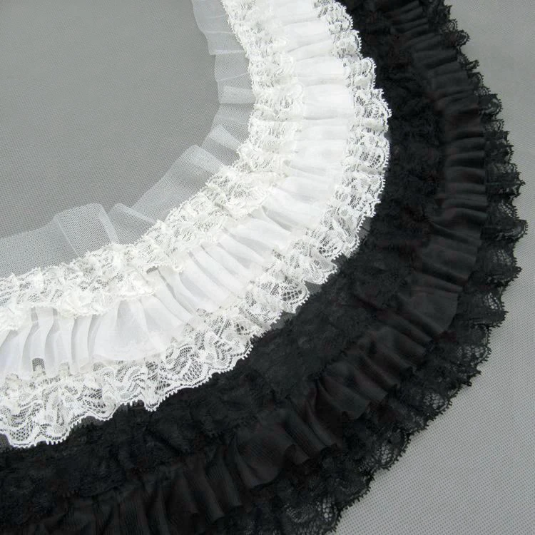 

20yards Exquisite Black/White Three Layers Pleated Chiffon Ruffle Lace Trim Sewing For Clothes/Skirt Cuff DIY Accessories