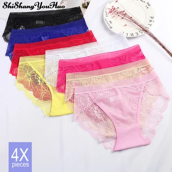 

4pcs Women Underwear Sexy Lace Panties Transparent Briefs Seamless Panties Lingerie Women Female Pants Embroidery Underpant