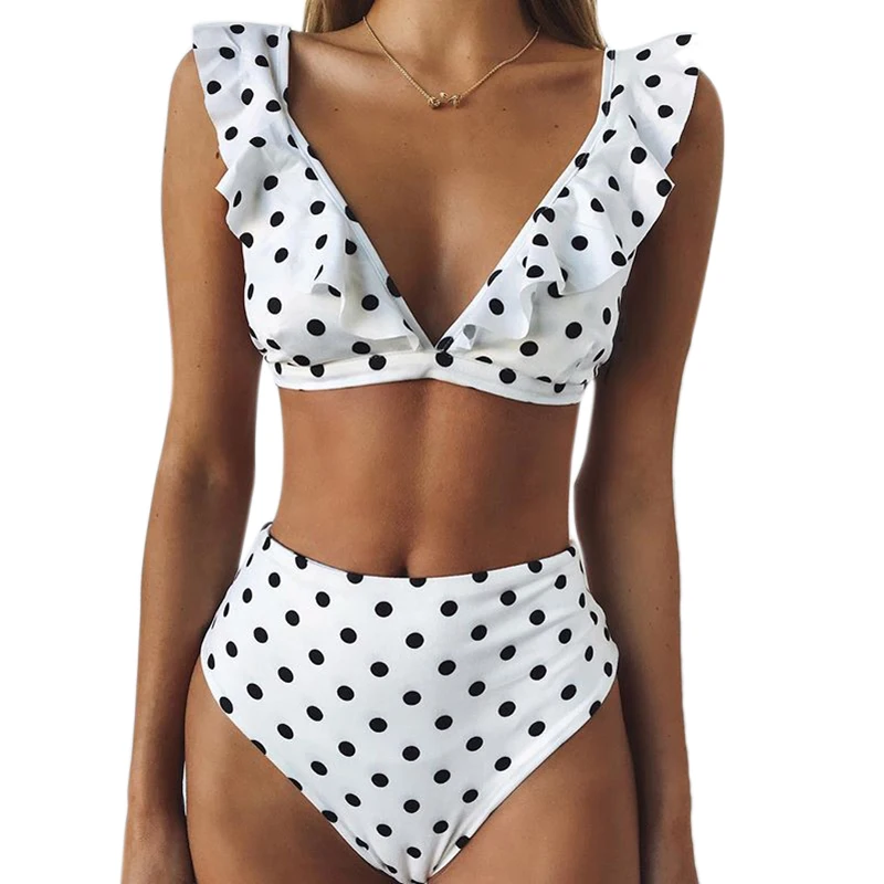 

Ruffled Deep V Bikini Split Swimsuit Polka Dot Swimsuit High Waist Beachwear White S-Code