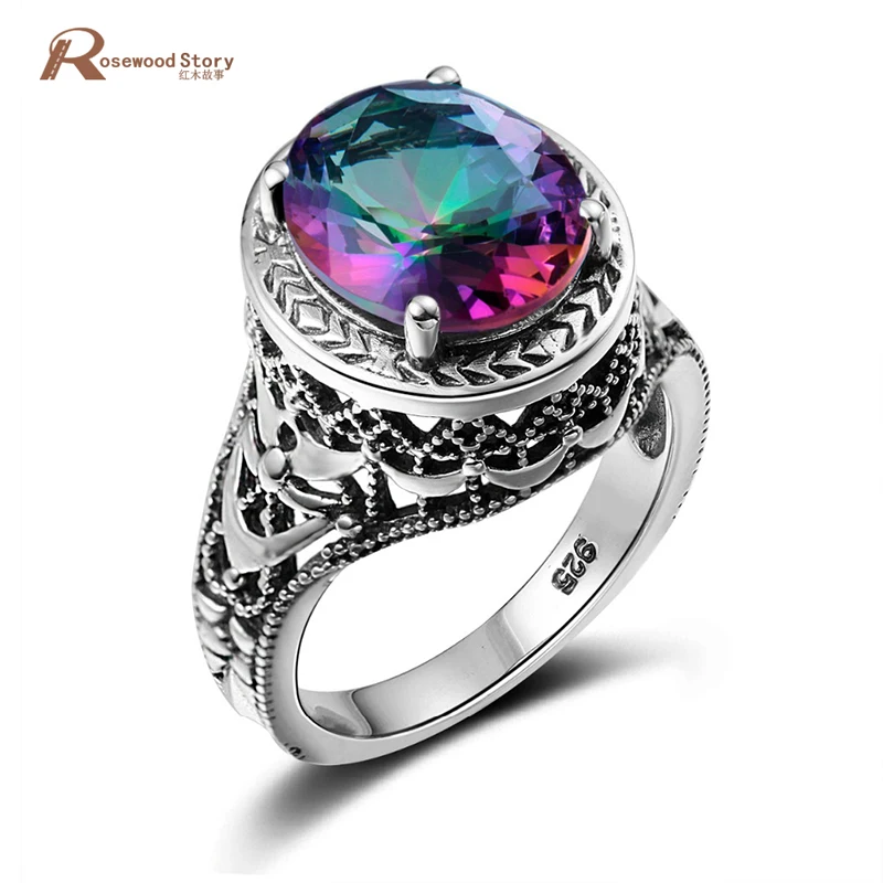 

Solid 925 Sterling Silver Cocktail Ring Women Love Handmade Vintage Ring Mystic Rainbow Topaz Crystal Ring Wedding Band Jewelry