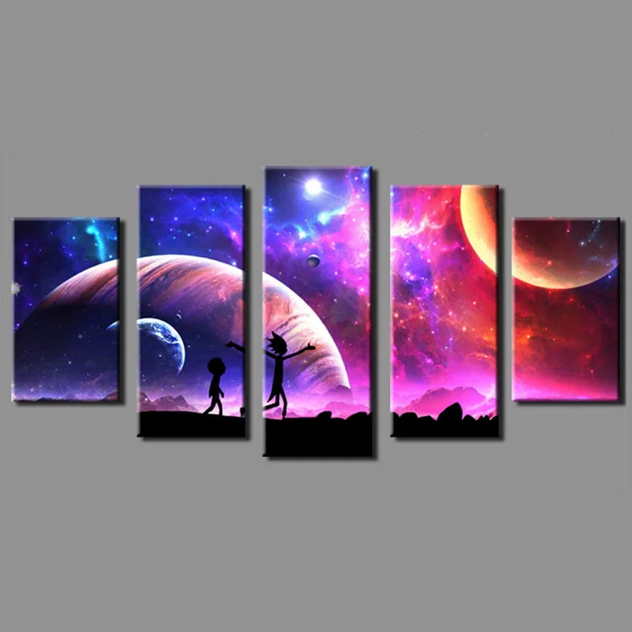 

HD Modern Canvas Artwork 5 Pieces Rick and Morty Painting Fantastic and Beautiful Scenery Spray Painting Artwork