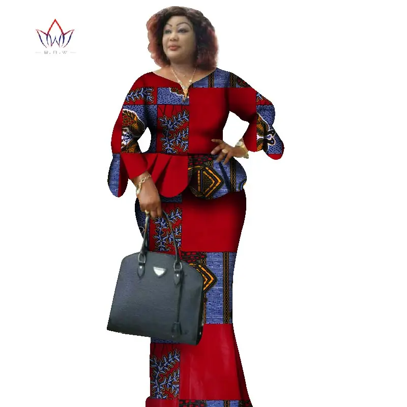 Африканский Воск Принт комплект из двух предметов Базен Riche африканская одежда для женщин оборки лепесток рукав короткий топ и юбка наборы WY1068