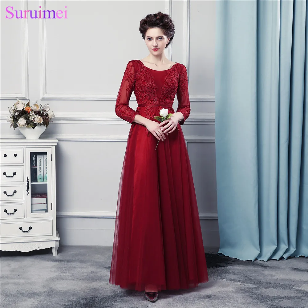 Long Sleeves Red Burgundy Bridesmaid Dresses High Quality Tulle Corset