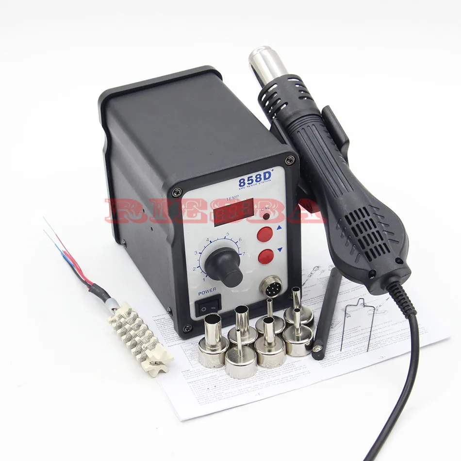 Паяльная станция RIESBA 700 Вт 858D ESD с термофеном цифровая для распайки 7 насадок