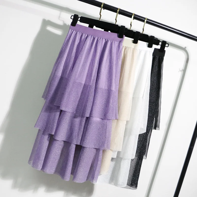 

Summer Women Tulle Skirt Elastic Waist Elegant Vintage Sequins Loose Casual Fashion A-Line Purple Long Skirts For Women