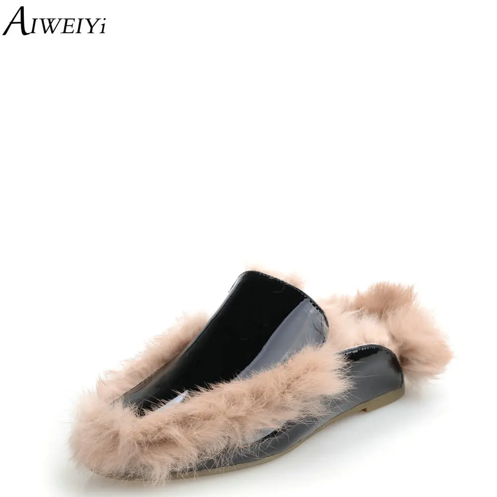 

AIWEIYi Winter Women Slippers Genuine Leather Home Outside Non-Slip Thermal Shoes Patent Leather Warm Winter Slippers