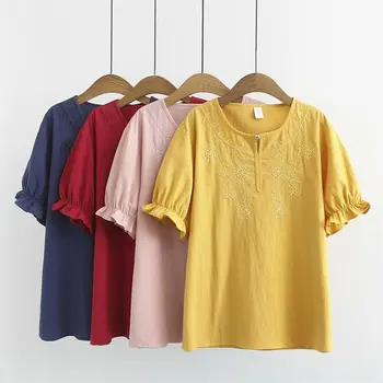 

Oversize Plus Size Cotton O-Neck Embroidered floral T Shirt Women Short Sleeve Tshirt 2019 t-shirt Summer Top