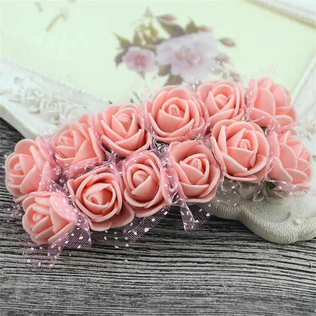 12pcs 2cm Mini Foam Rose Artificial Flower Bouquet Wedding Flower Decoration Scrapbooking DIY Wreath Cheap Fake Rose Flowers - Цвет: Champagne